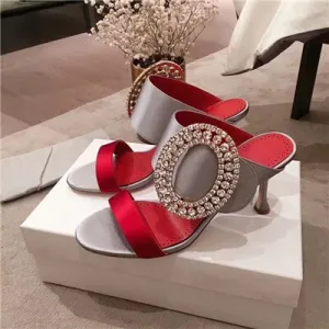 New Silk Two bands high heel Slippers shoes woman Luxury Big Circular rhinestone buckle Mules Dress party shoes jeweled sandals