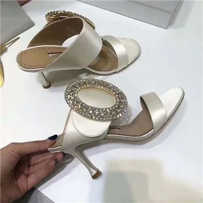New Silk Two bands high heel Slippers shoes woman Luxury Big Circular rhinestone buckle Mules Dress party shoes jeweled sandals