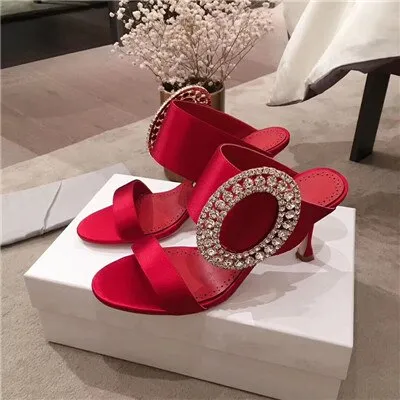 New Silk Two bands high heel Slippers shoes woman Luxury Big Circular rhinestone buckle Mules Dress party shoes jeweled sandals