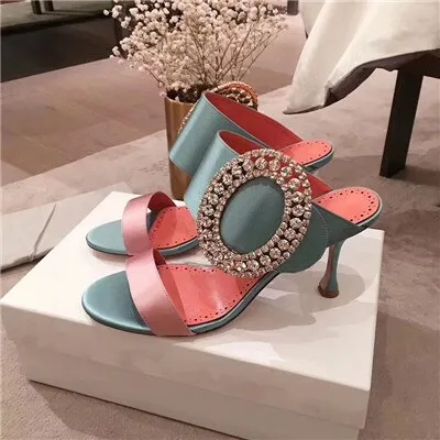 New Silk Two bands high heel Slippers shoes woman Luxury Big Circular rhinestone buckle Mules Dress party shoes jeweled sandals