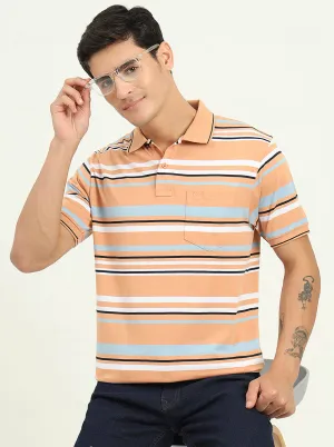 Orange & Stone Blue Striped Slim Fit Polo T-Shirt | Greenfibre