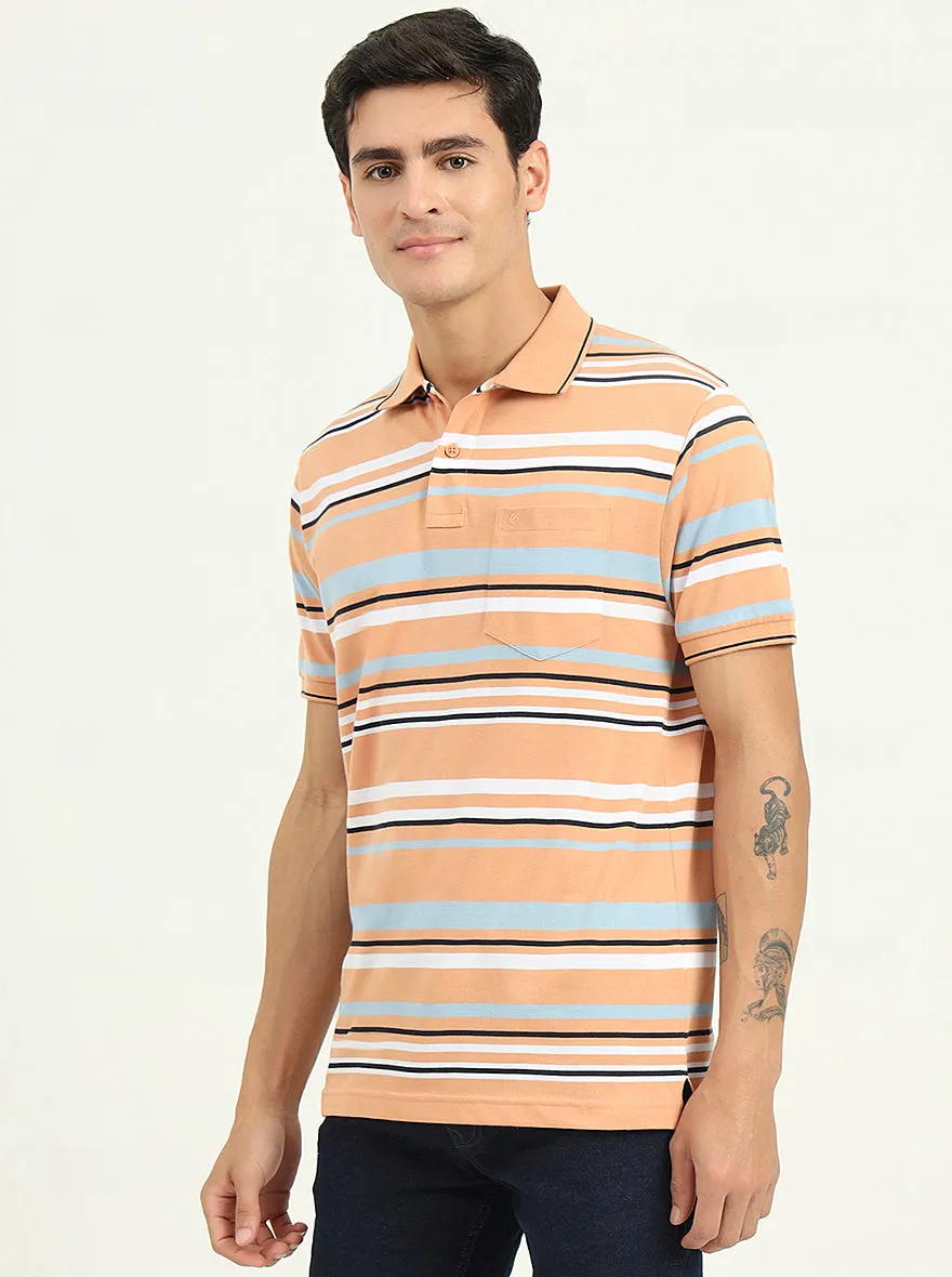 Orange & Stone Blue Striped Slim Fit Polo T-Shirt | Greenfibre