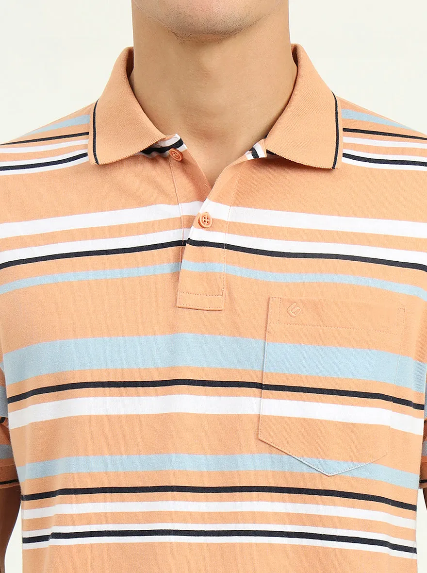 Orange & Stone Blue Striped Slim Fit Polo T-Shirt | Greenfibre