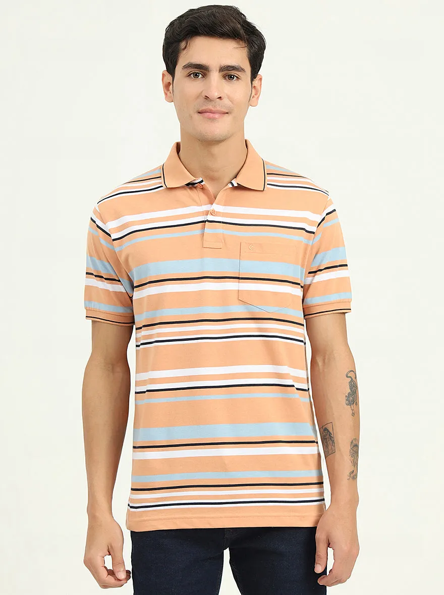 Orange & Stone Blue Striped Slim Fit Polo T-Shirt | Greenfibre