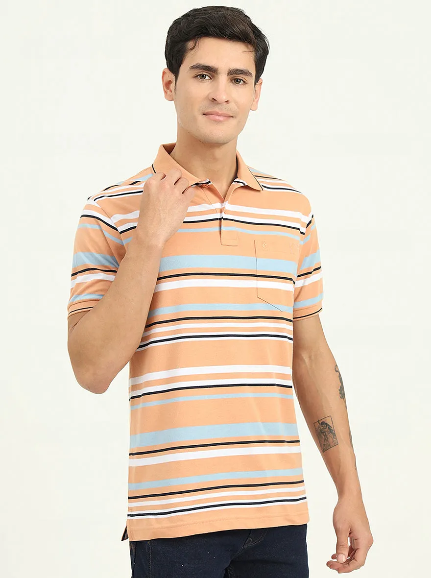 Orange & Stone Blue Striped Slim Fit Polo T-Shirt | Greenfibre