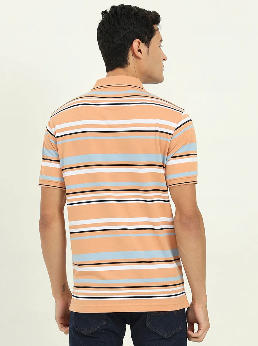 Orange & Stone Blue Striped Slim Fit Polo T-Shirt | Greenfibre