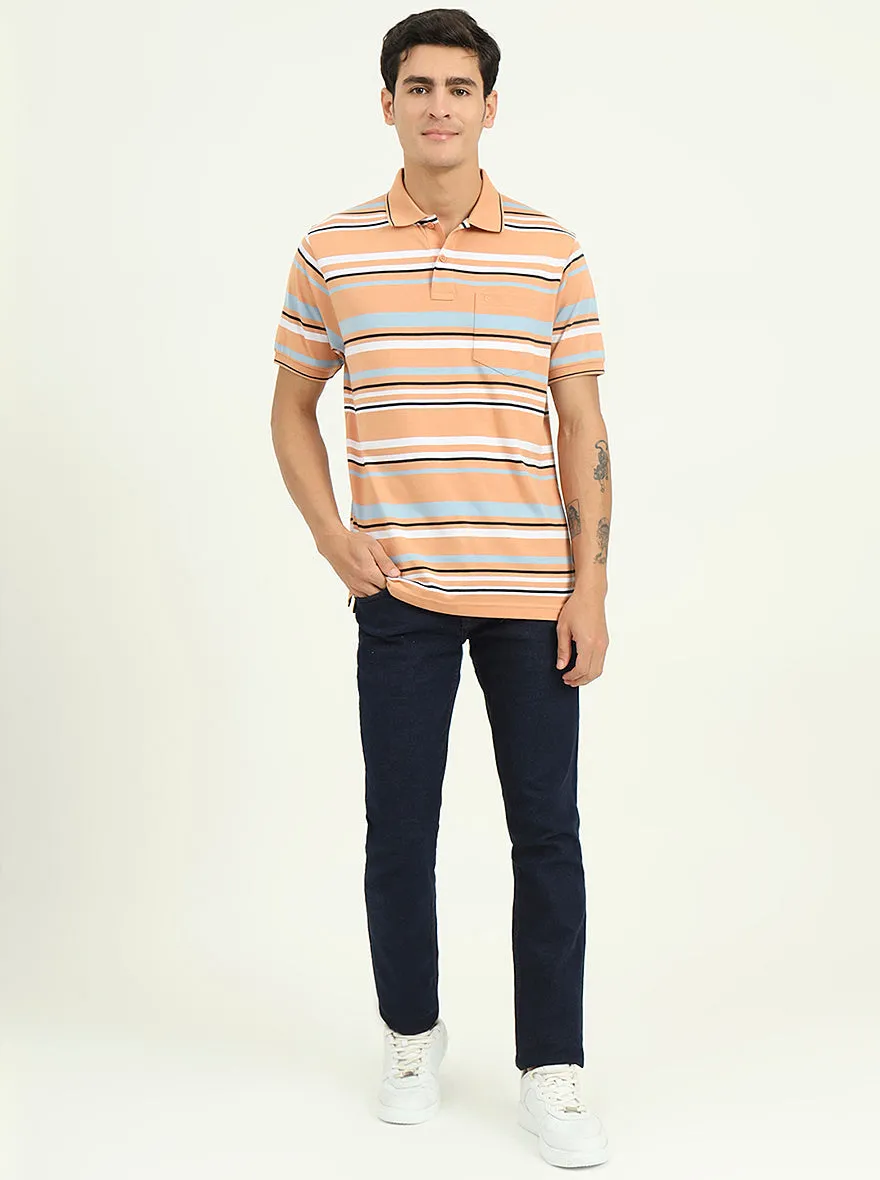 Orange & Stone Blue Striped Slim Fit Polo T-Shirt | Greenfibre