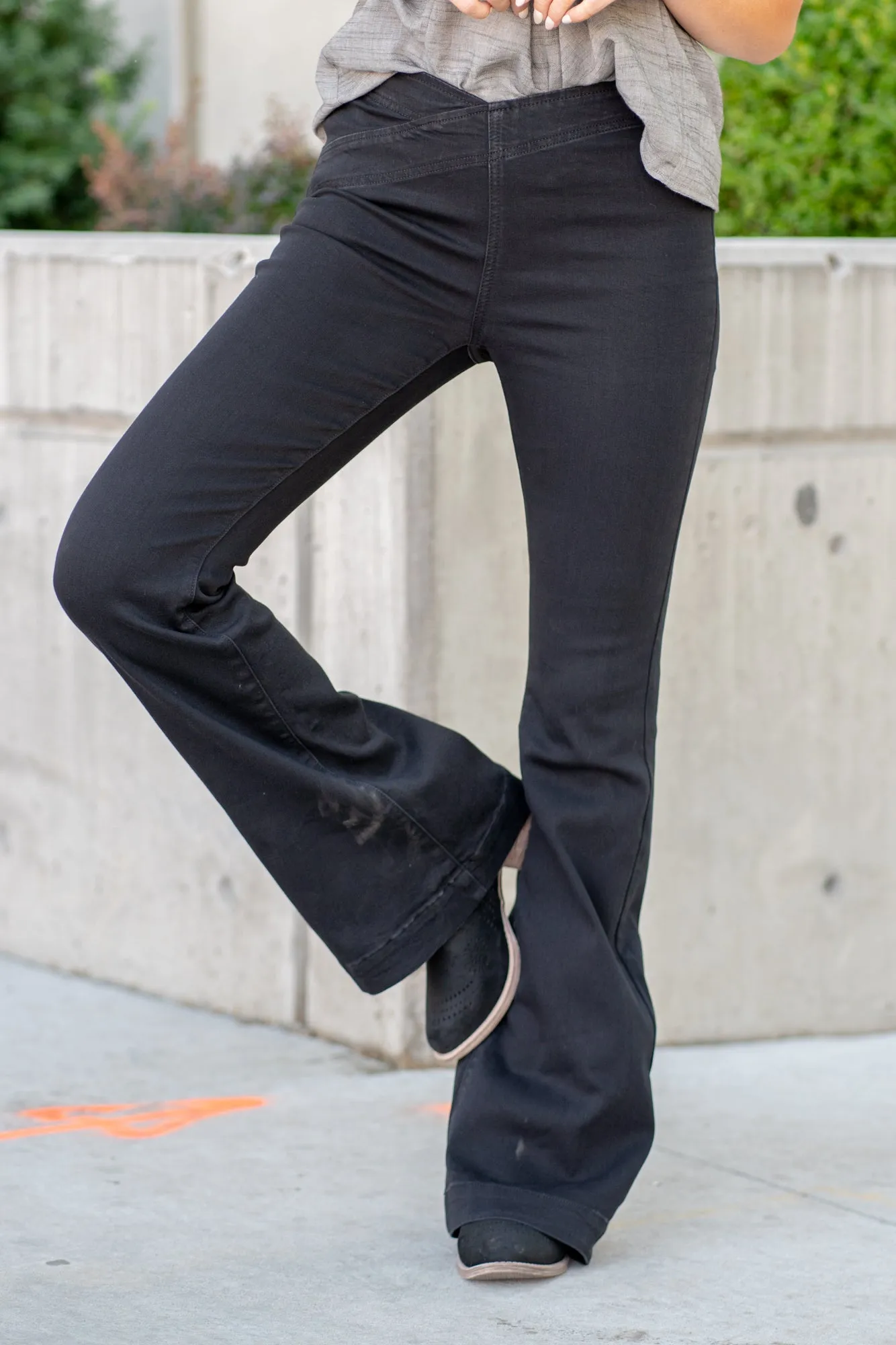 Overlapped Waist High Rise Pull On Flare
