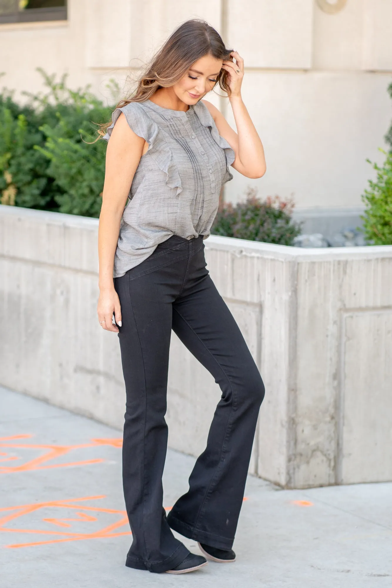Overlapped Waist High Rise Pull On Flare