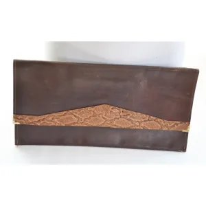 Oversized Brown Leather & Reptile Clutch Purse