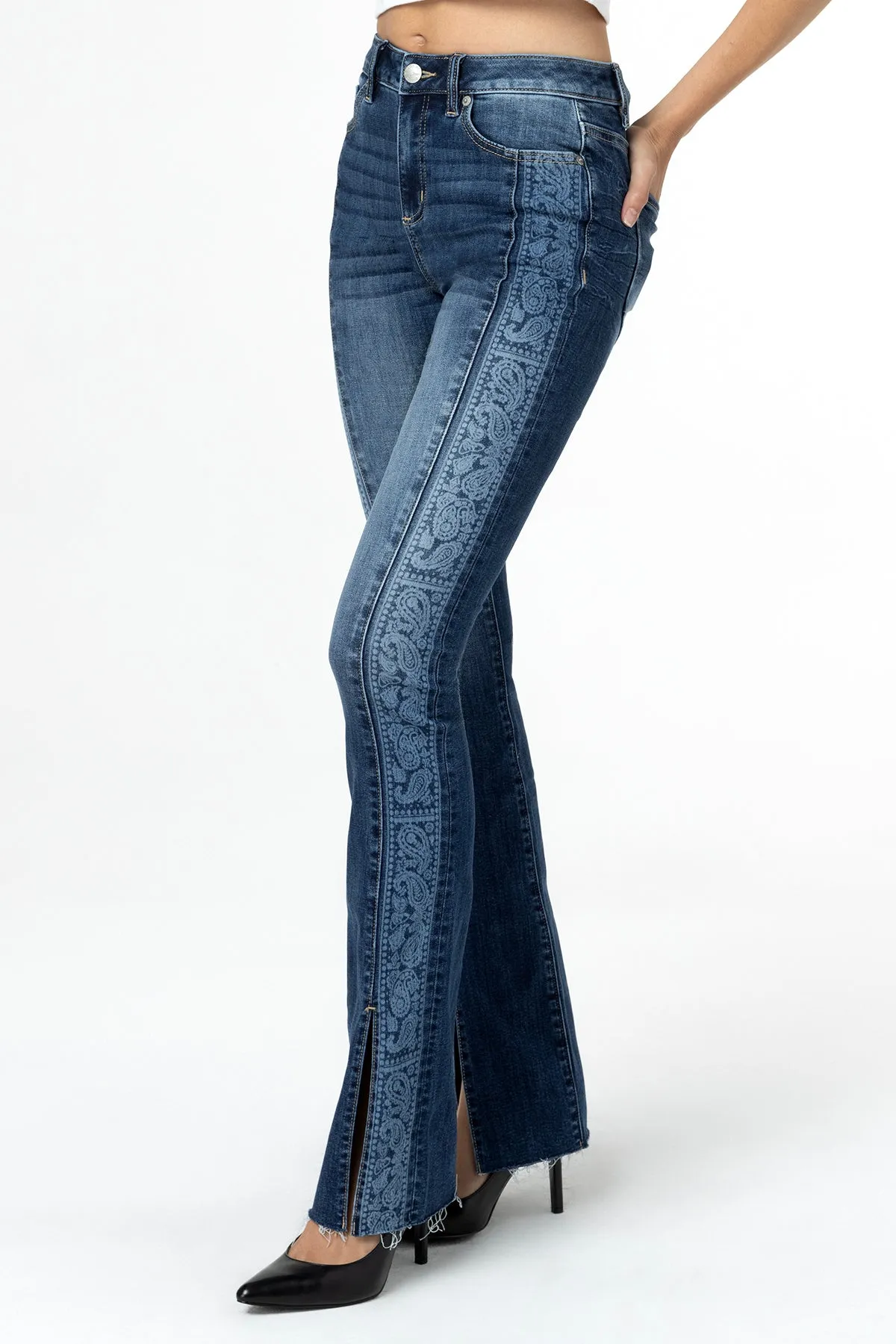 Paisley Front Slit Bootcut Jeans