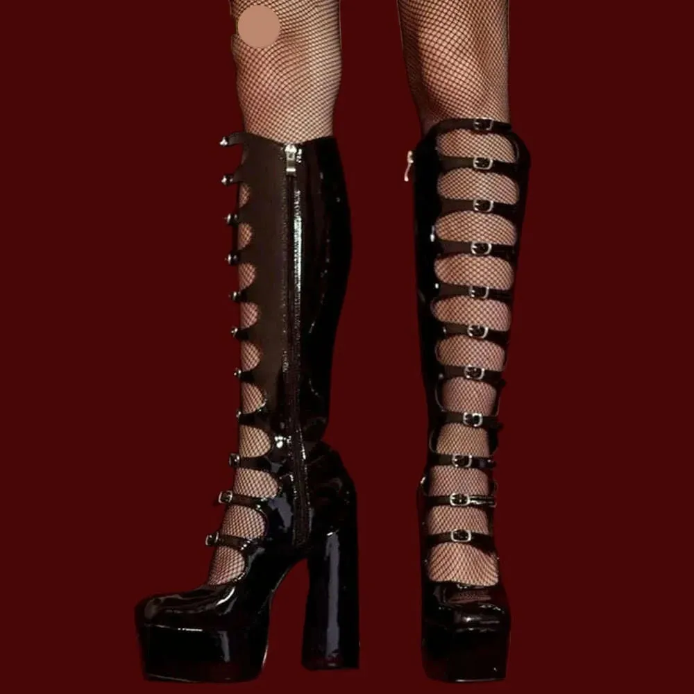 Patent Leather Buckles Design Hollow Boots For Female Women 2022 Platform Sqaure Heel Knee-high Solid Fashion Sexy Party Shoes