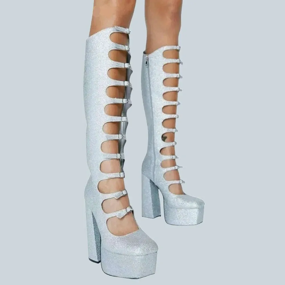 Patent Leather Buckles Design Hollow Boots For Female Women 2022 Platform Sqaure Heel Knee-high Solid Fashion Sexy Party Shoes