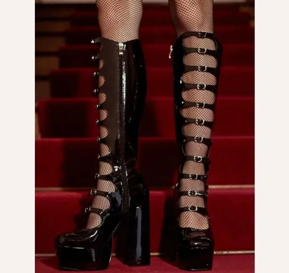 Patent Leather Buckles Design Hollow Boots For Female Women 2022 Platform Sqaure Heel Knee-high Solid Fashion Sexy Party Shoes