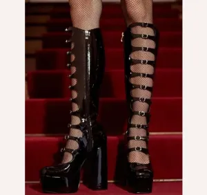 Patent Leather Buckles Design Hollow Boots For Female Women 2022 Platform Sqaure Heel Knee-high Solid Fashion Sexy Party Shoes