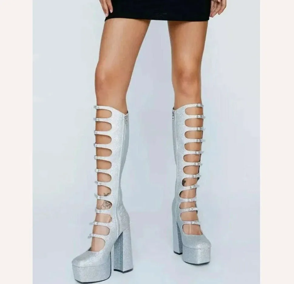 Patent Leather Buckles Design Hollow Boots For Female Women 2022 Platform Sqaure Heel Knee-high Solid Fashion Sexy Party Shoes