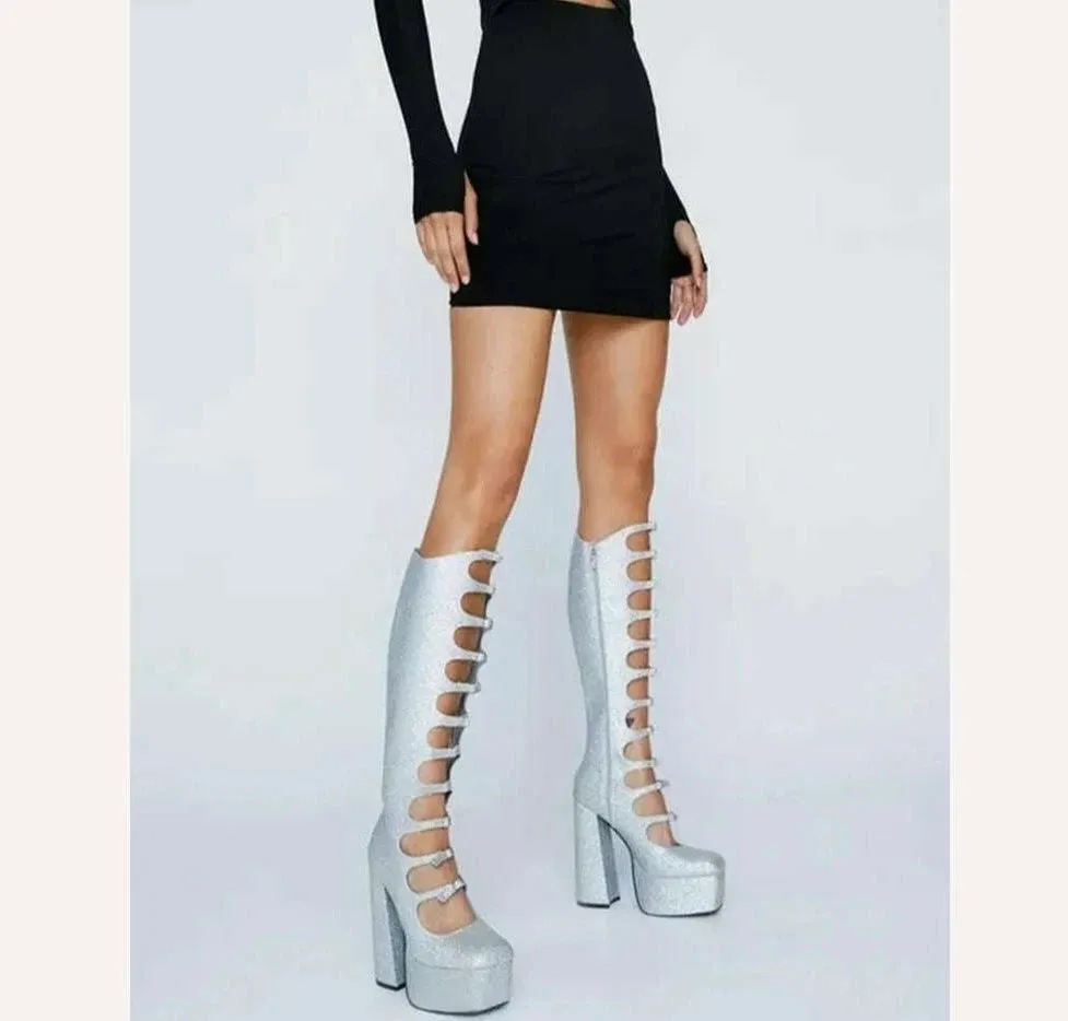 Patent Leather Buckles Design Hollow Boots For Female Women 2022 Platform Sqaure Heel Knee-high Solid Fashion Sexy Party Shoes