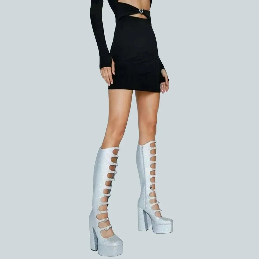 Patent Leather Buckles Design Hollow Boots For Female Women 2022 Platform Sqaure Heel Knee-high Solid Fashion Sexy Party Shoes