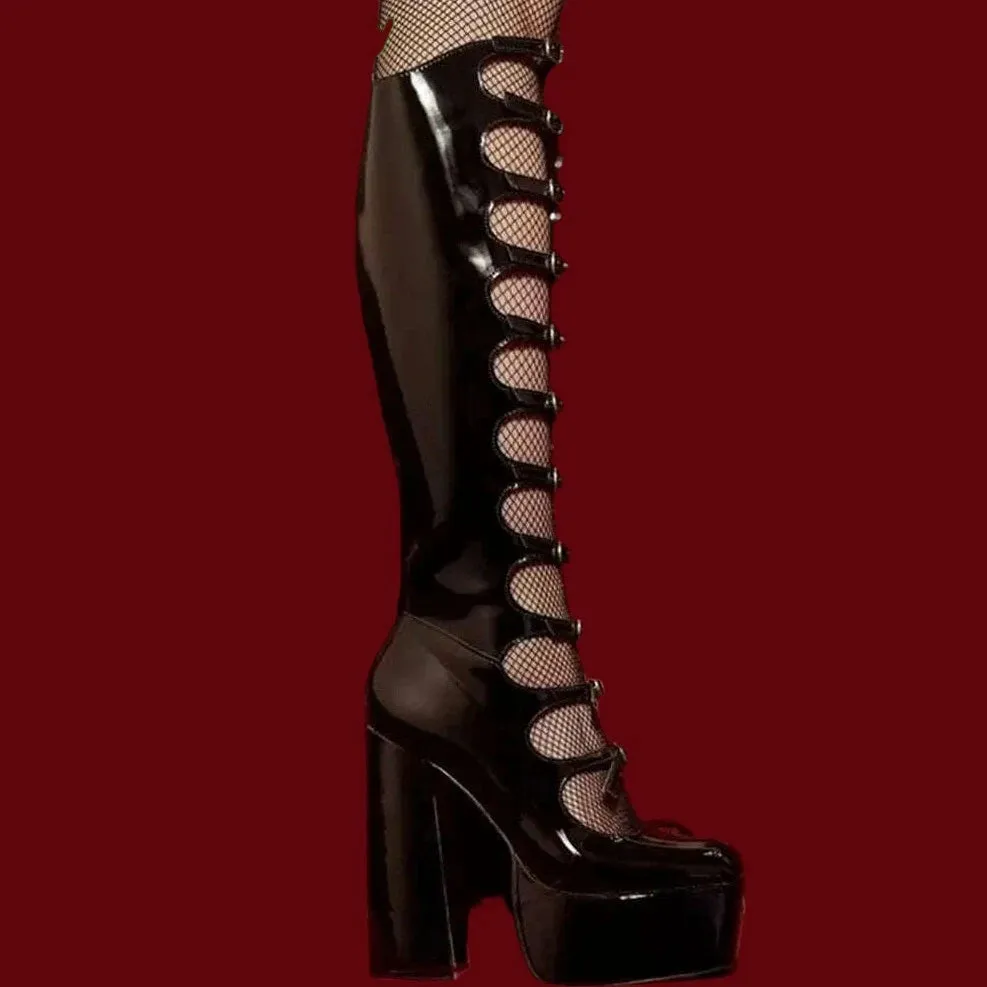 Patent Leather Buckles Design Hollow Boots For Female Women 2022 Platform Sqaure Heel Knee-high Solid Fashion Sexy Party Shoes
