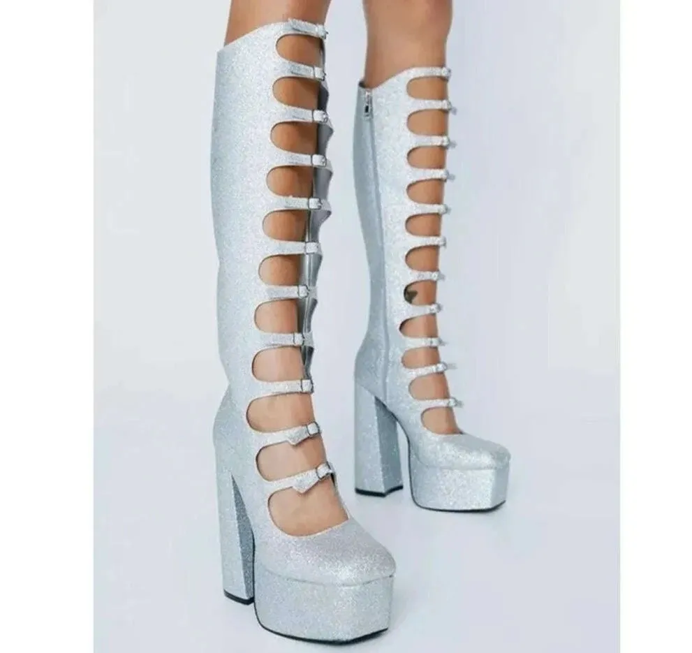Patent Leather Buckles Design Hollow Boots For Female Women 2022 Platform Sqaure Heel Knee-high Solid Fashion Sexy Party Shoes