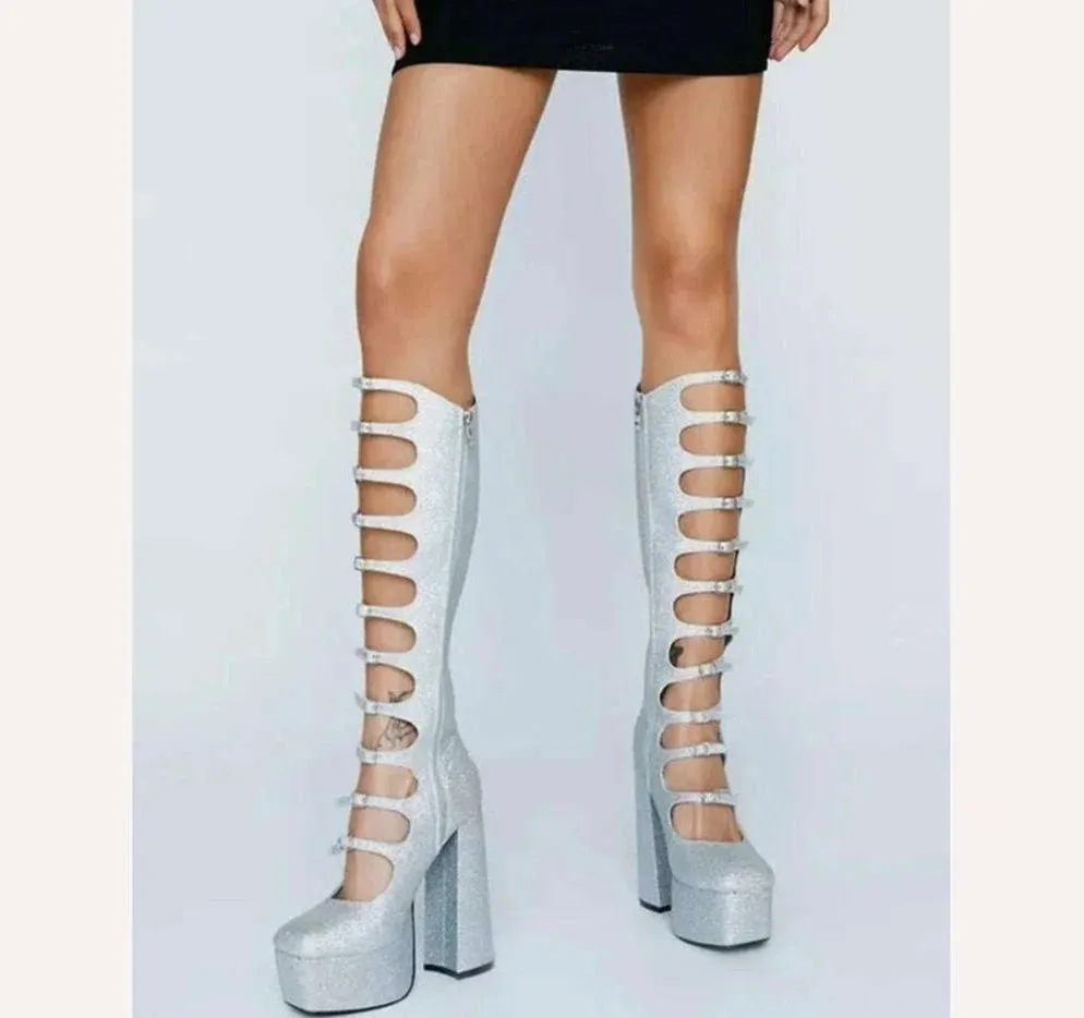 Patent Leather Buckles Design Hollow Boots For Female Women 2022 Platform Sqaure Heel Knee-high Solid Fashion Sexy Party Shoes