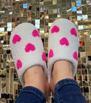 Pink Heart Valentines Fuzzy Slippers