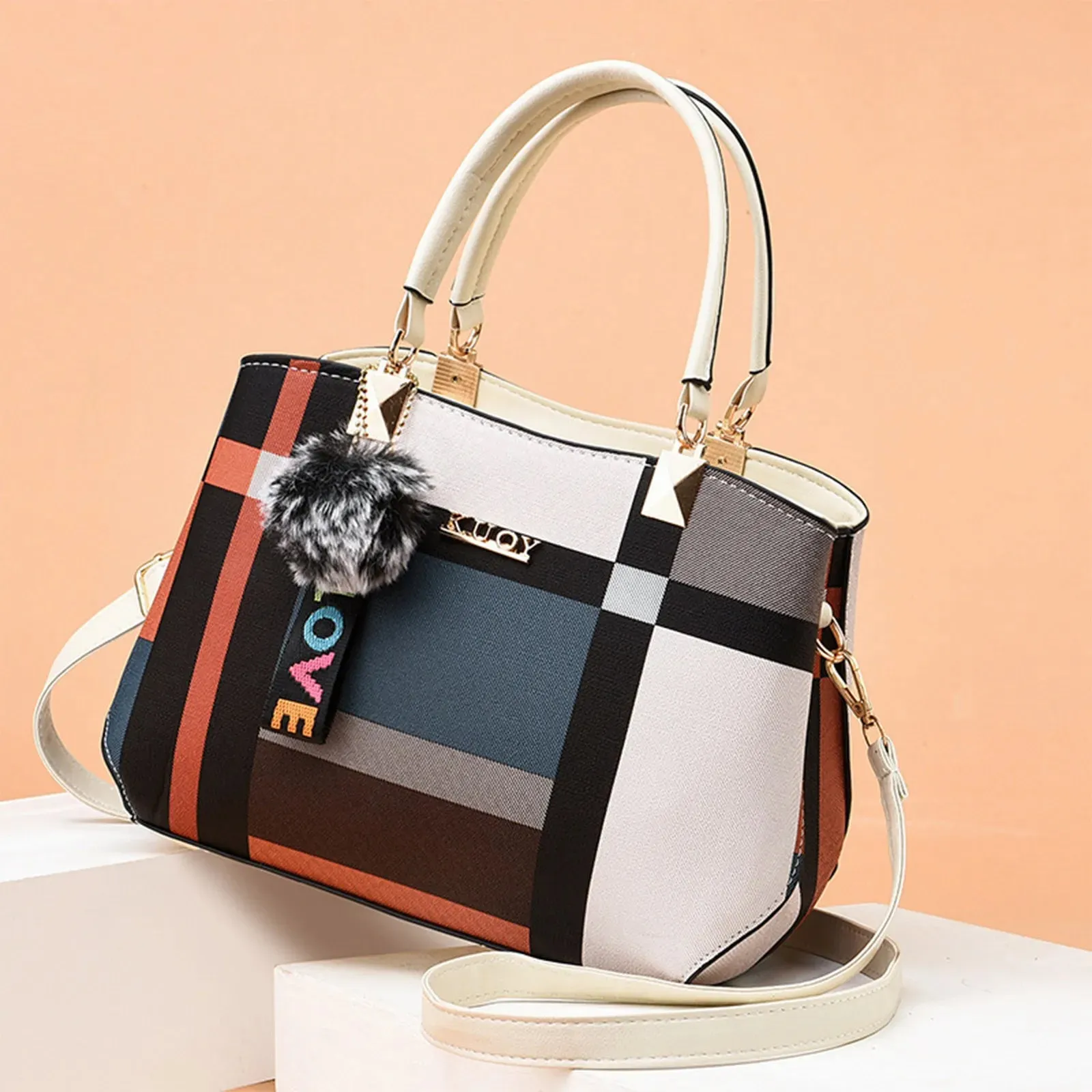 Plaid Pattern Handbag with Fur Pom Pom and LOVE Keychain – Women's Fashionable Tote Bag