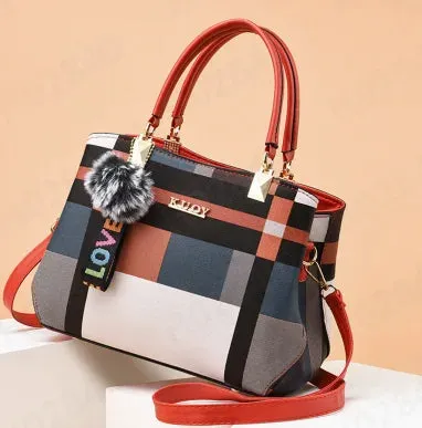 Plaid Pattern Handbag with Fur Pom Pom and LOVE Keychain – Women's Fashionable Tote Bag