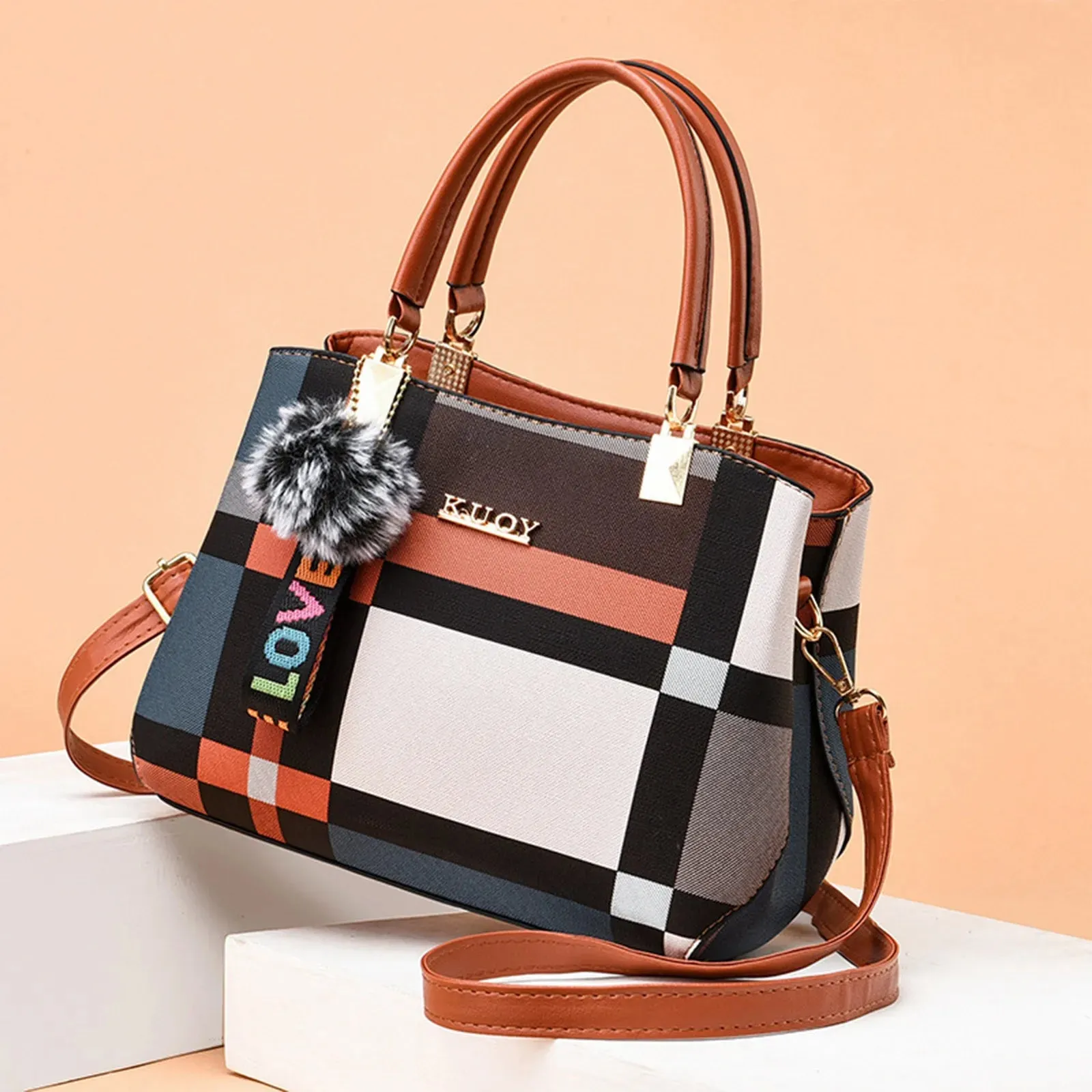 Plaid Pattern Handbag with Fur Pom Pom and LOVE Keychain – Women's Fashionable Tote Bag