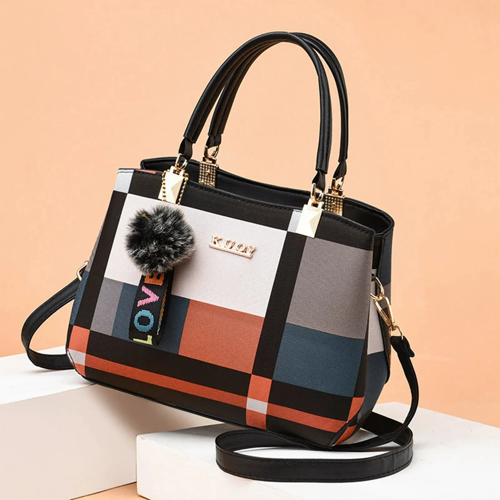 Plaid Pattern Handbag with Fur Pom Pom and LOVE Keychain – Women's Fashionable Tote Bag