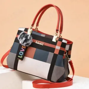 Plaid Pattern Handbag with Fur Pom Pom and LOVE Keychain – Women's Fashionable Tote Bag