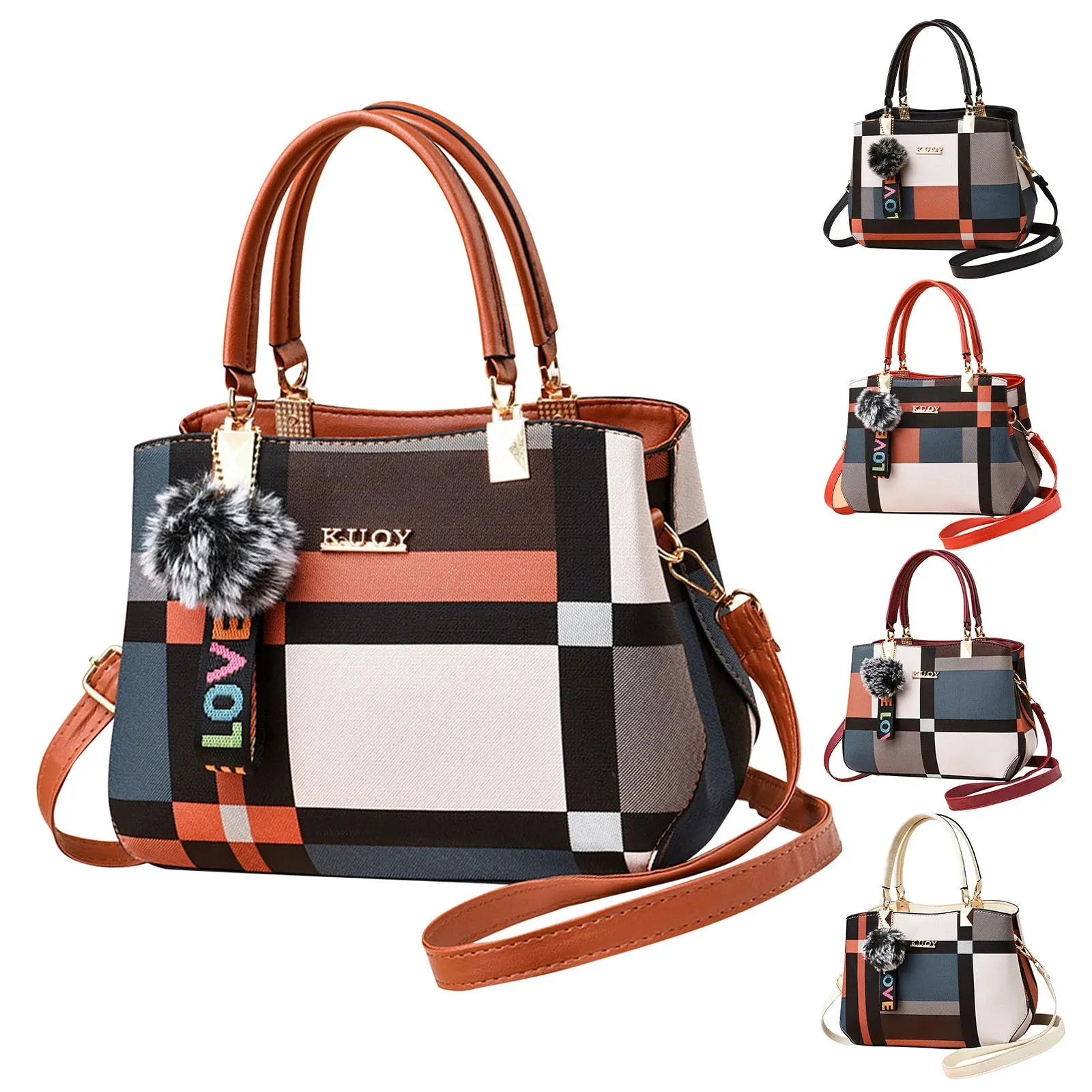 Plaid Pattern Handbag with Fur Pom Pom and LOVE Keychain – Women's Fashionable Tote Bag