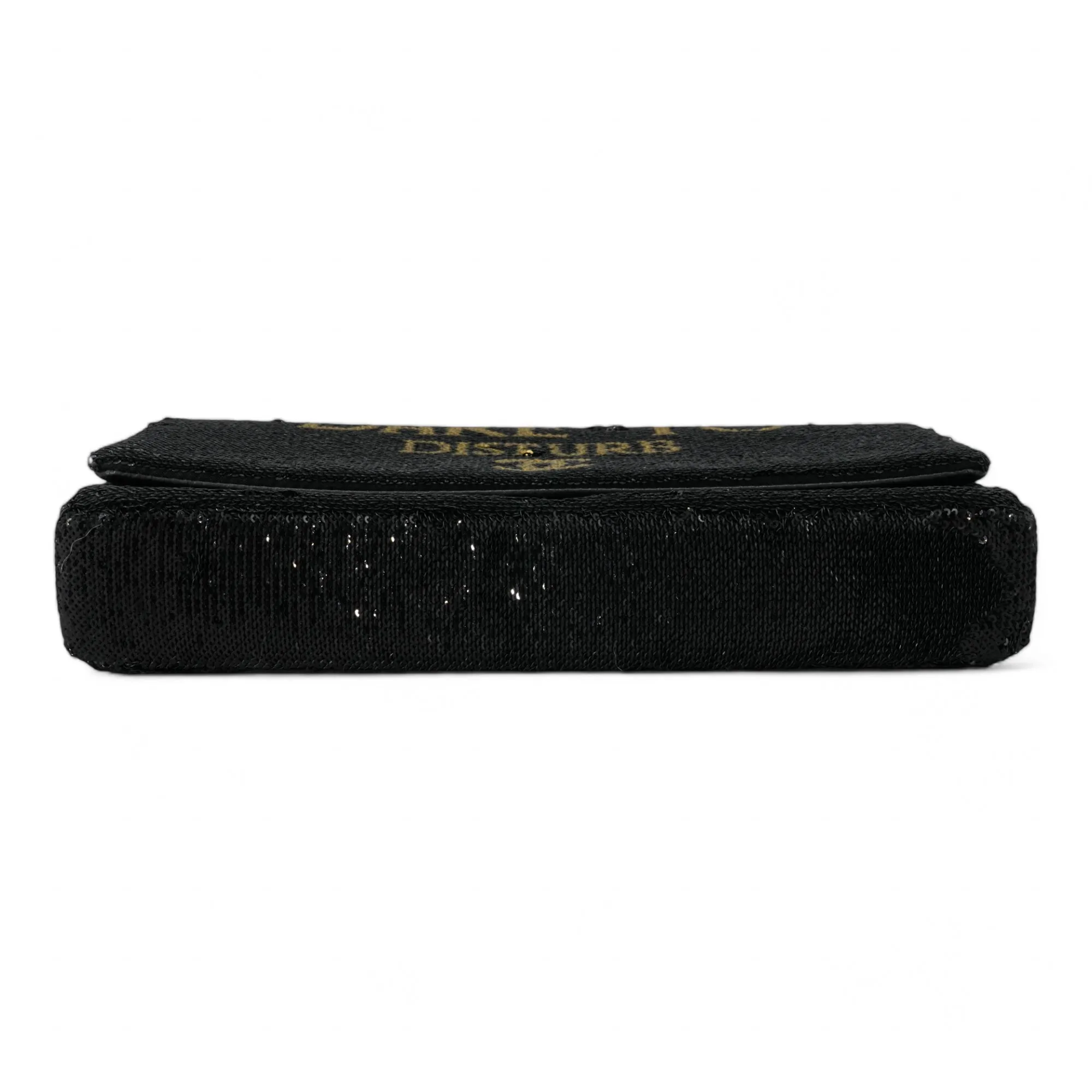 Please Dare to Disturb Black and Gold Sequin Flap Bag