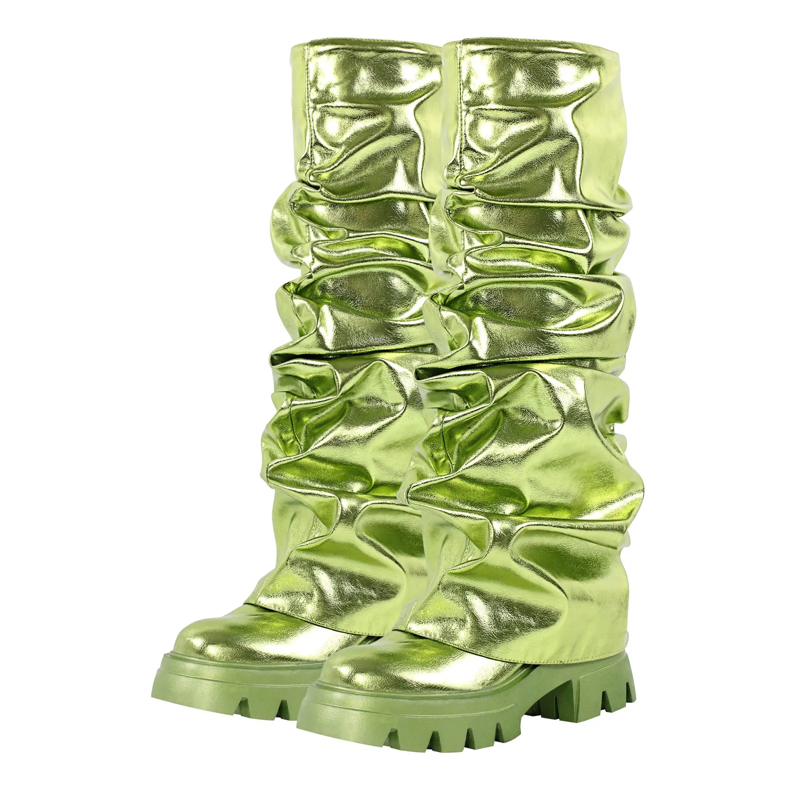 Pleating Metallic Leather Platform Knee High Boots
