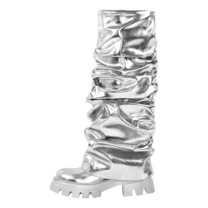 Pleating Metallic Leather Platform Knee High Boots