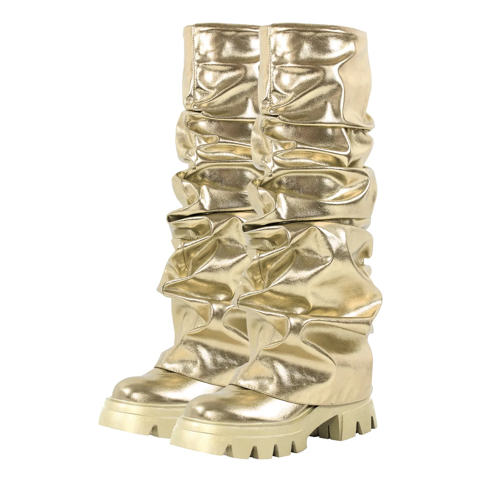 Pleating Metallic Leather Platform Knee High Boots