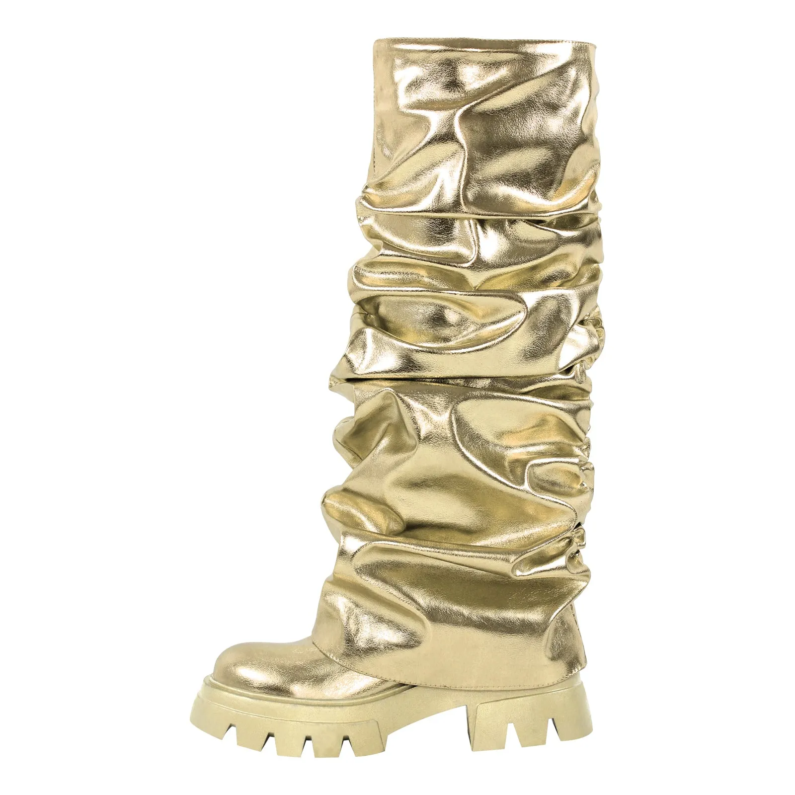 Pleating Metallic Leather Platform Knee High Boots