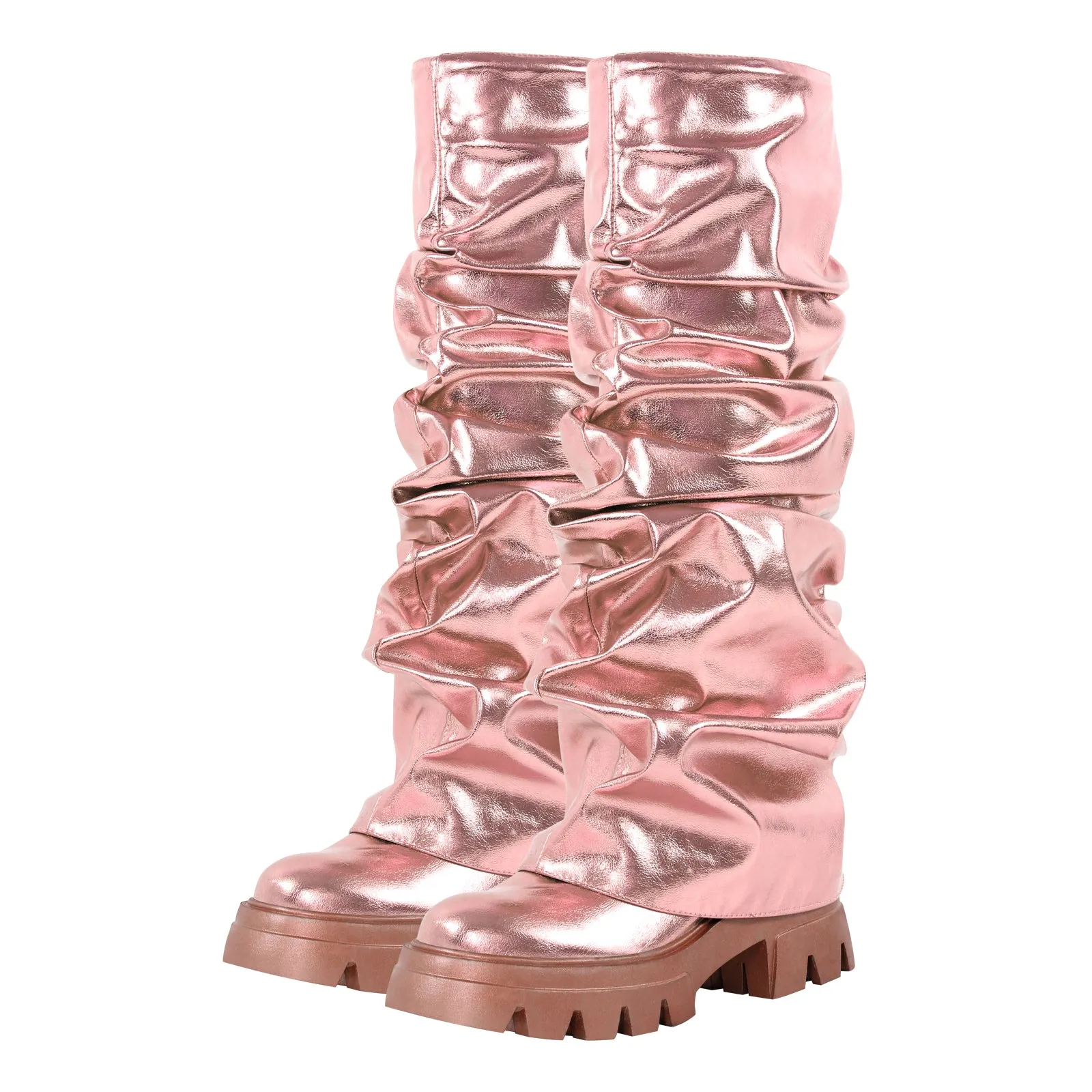 Pleating Metallic Leather Platform Knee High Boots