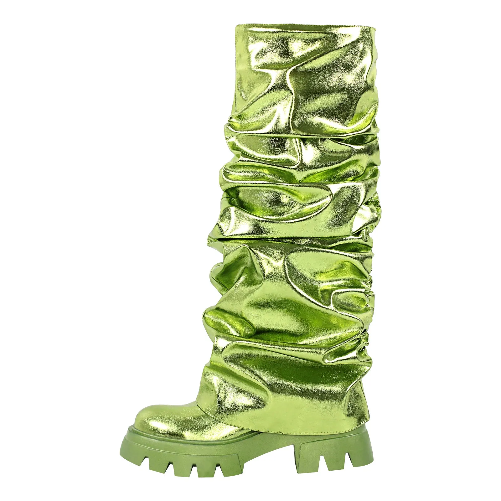 Pleating Metallic Leather Platform Knee High Boots