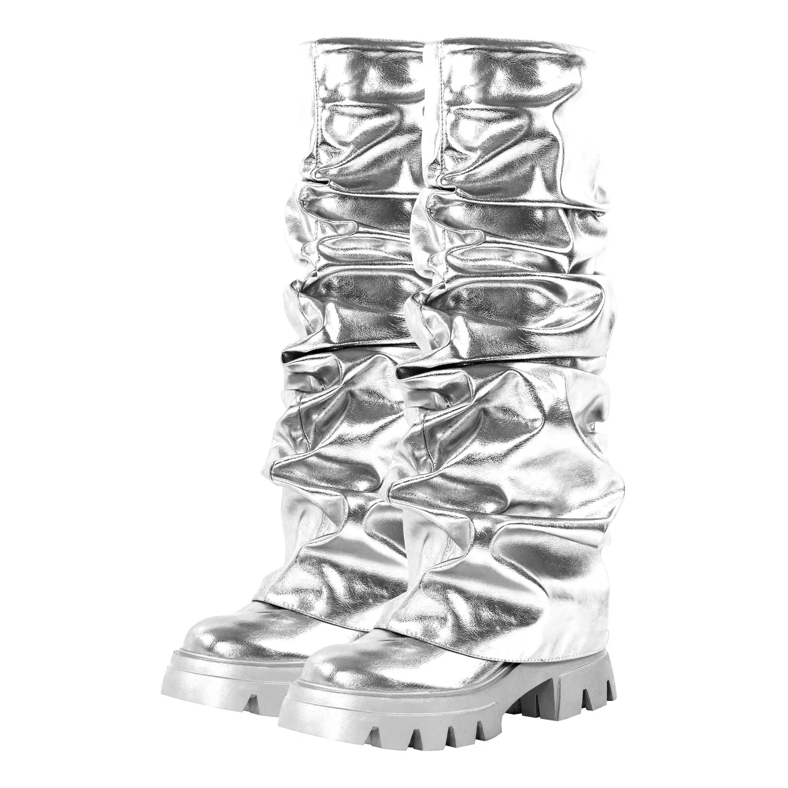 Pleating Metallic Leather Platform Knee High Boots