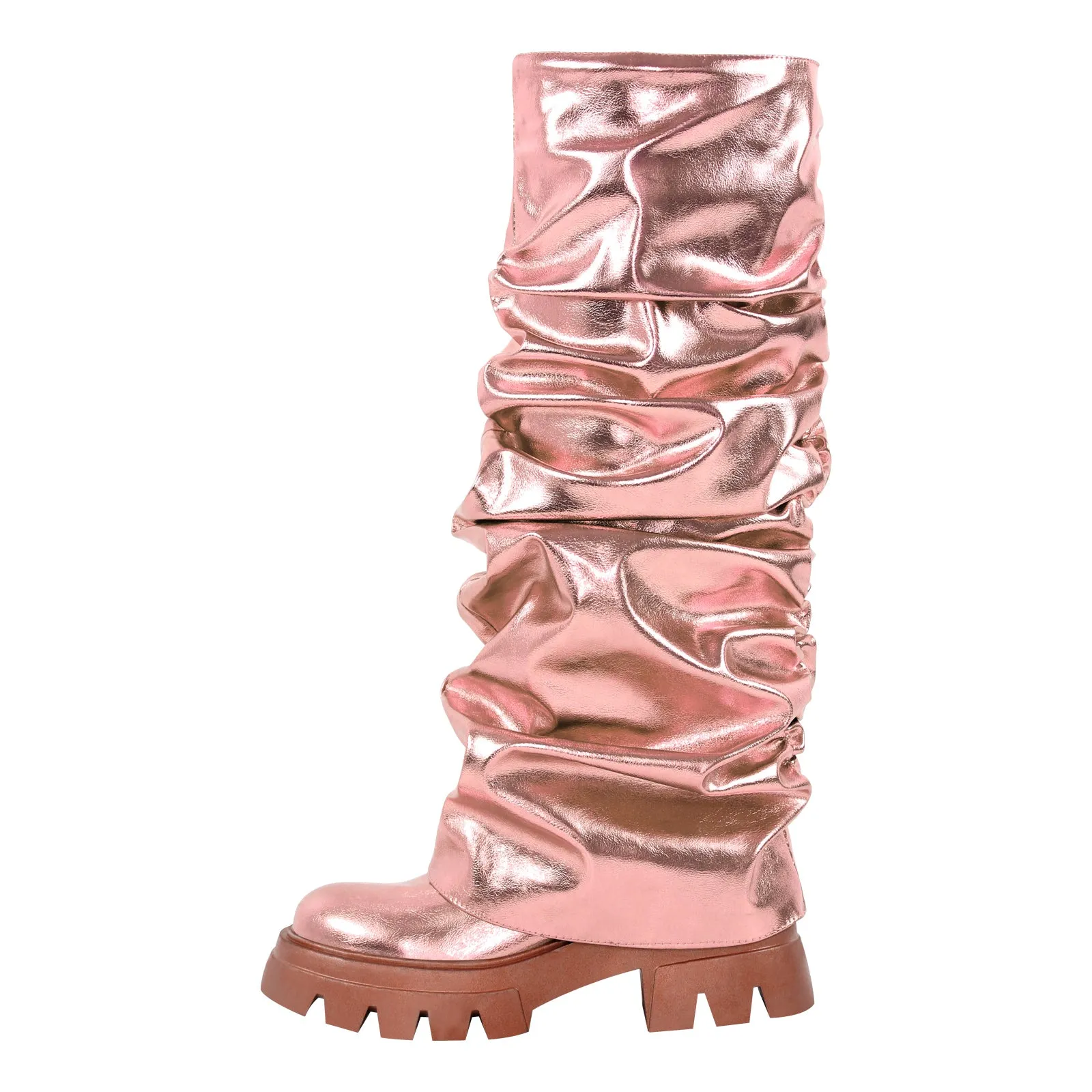 Pleating Metallic Leather Platform Knee High Boots