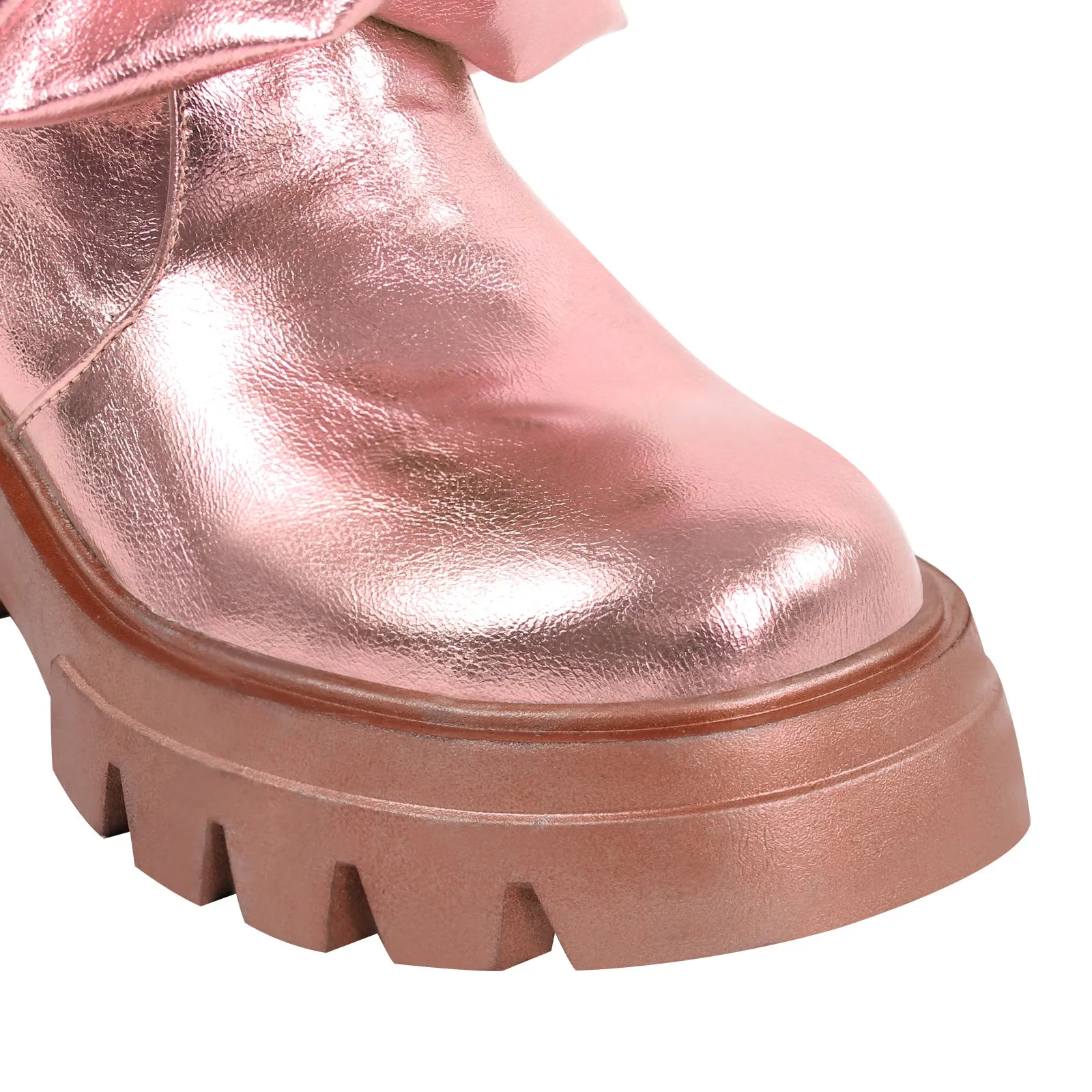 Pleating Metallic Leather Platform Knee High Boots