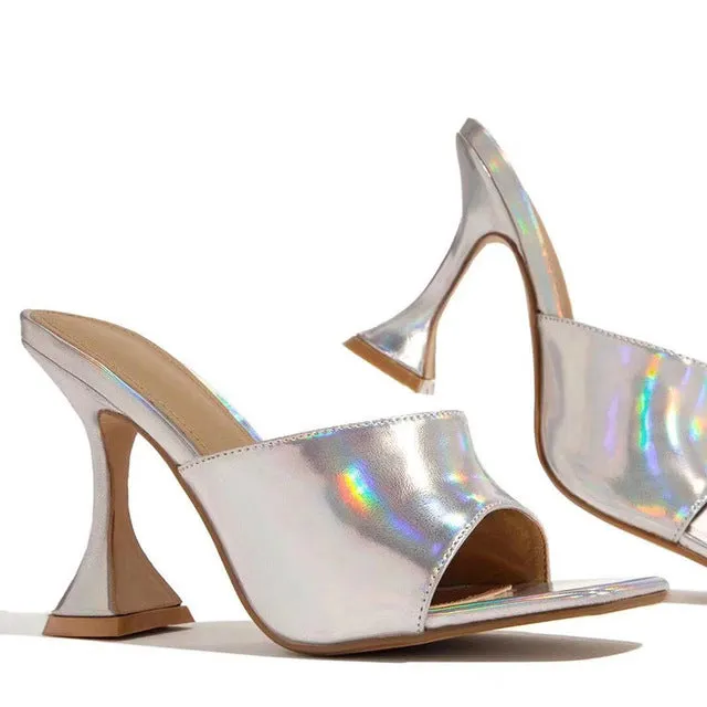 Pointed Open Toe Strange Heel Mules Slip On Formal Party Shoes Women Summer High Heel Slippers Plus Size Customized Shoes