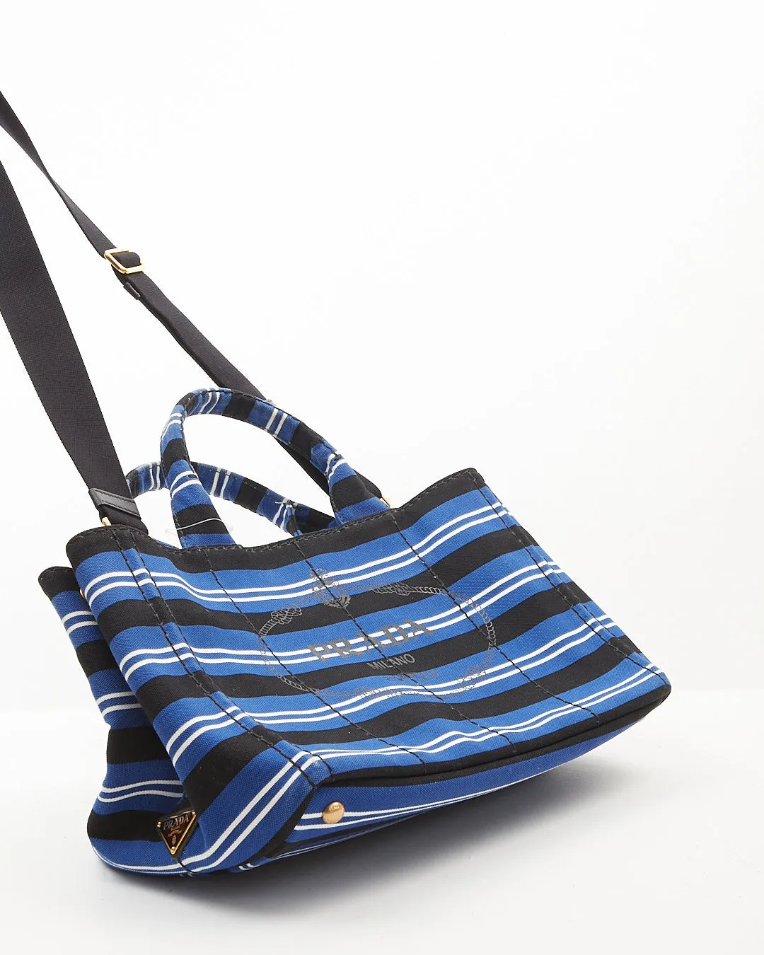 Prada Blue Stripe Canvas Canapa Logo Large Satchel