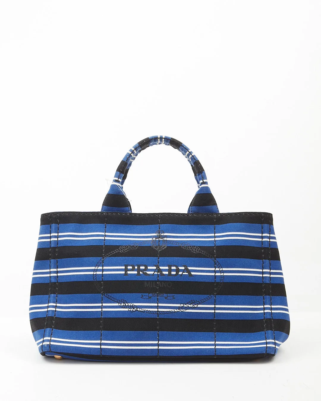 Prada Blue Stripe Canvas Canapa Logo Large Satchel