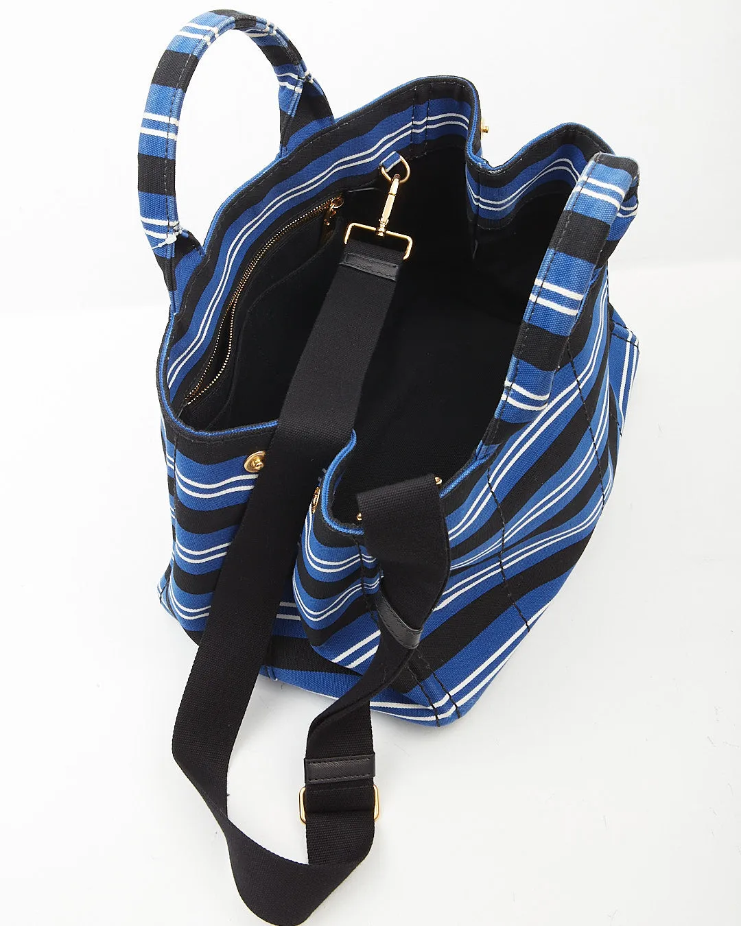 Prada Blue Stripe Canvas Canapa Logo Large Satchel