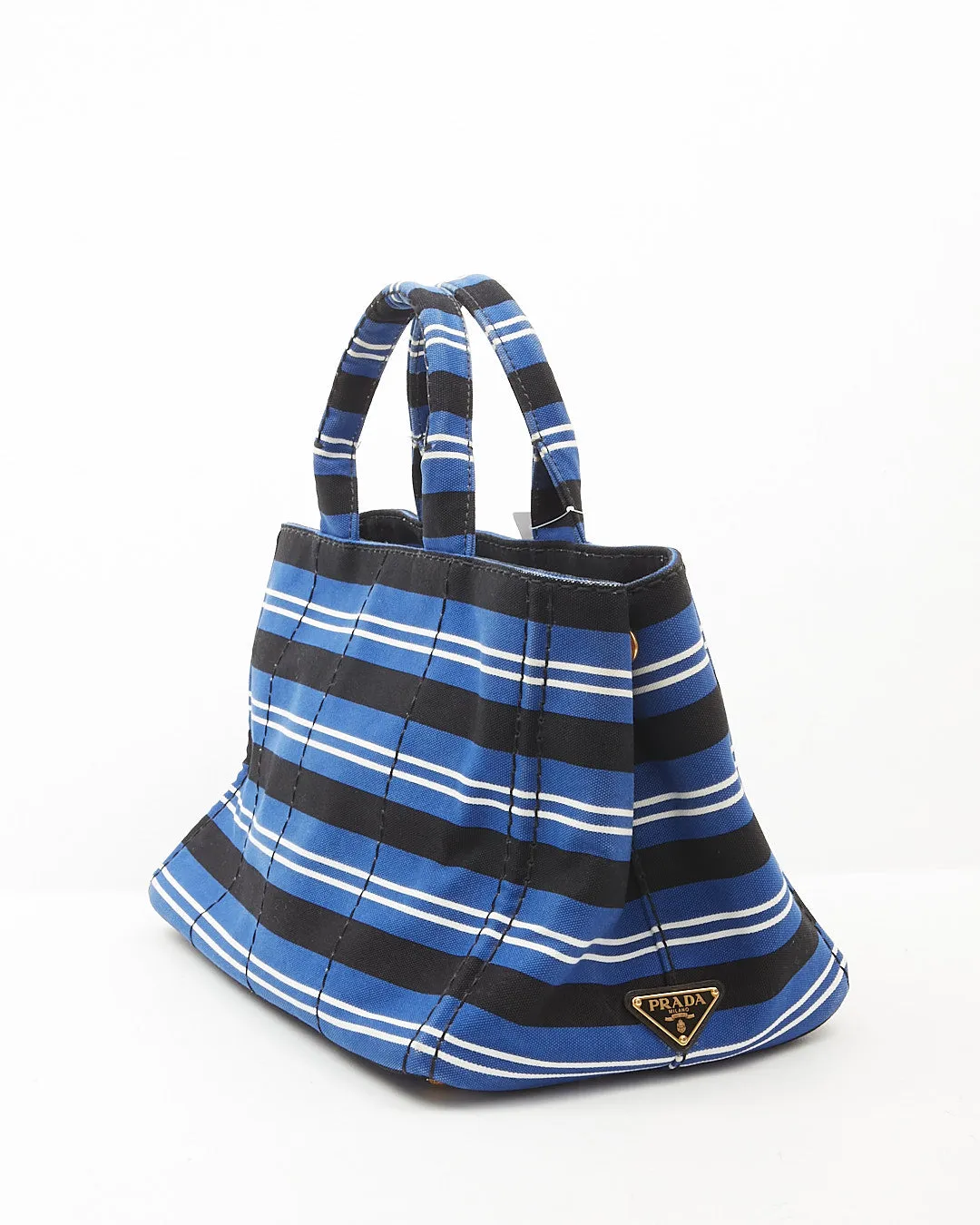 Prada Blue Stripe Canvas Canapa Logo Large Satchel