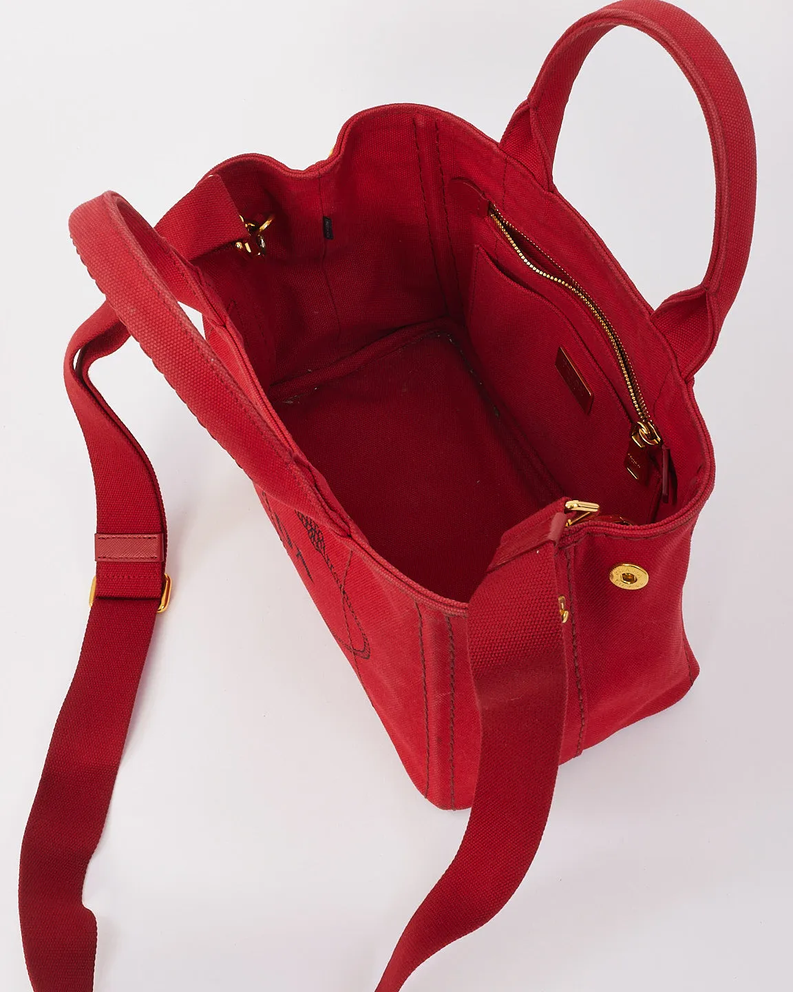 Prada Red Canvas Canapa Tote Bag with Strap