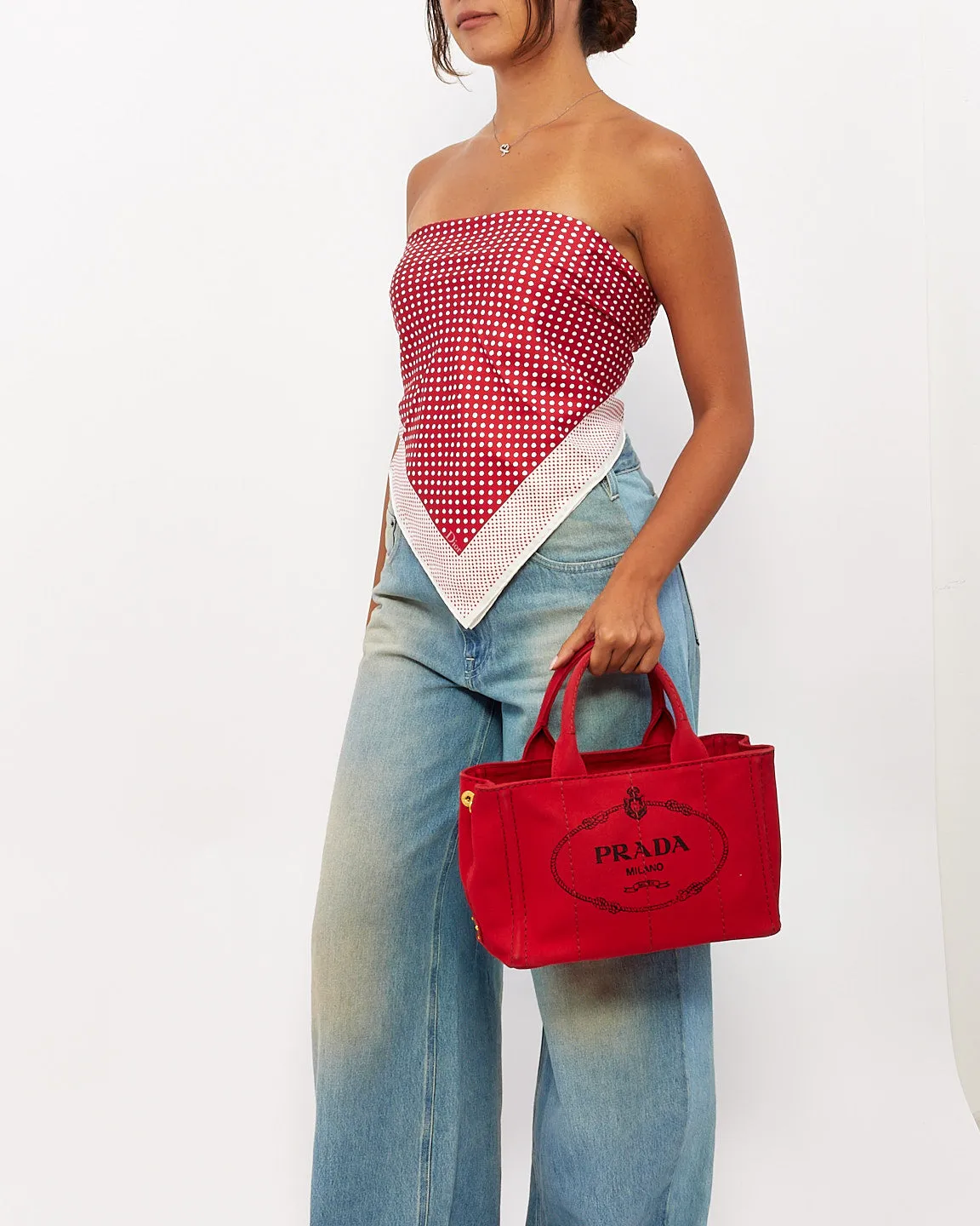 Prada Red Canvas Canapa Tote Bag with Strap