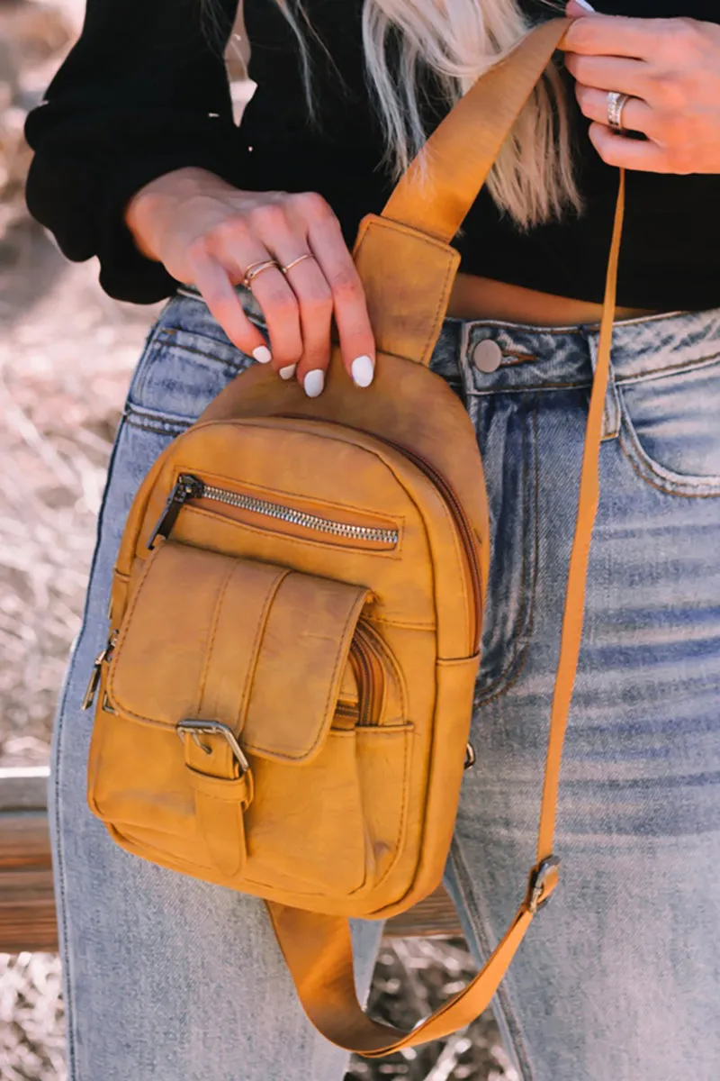 PREORDER! ETA 3/21 Khaki Faux Leather Multi Pocket Sling Bag  **SHIPPING EXPECTED TO BEGIN ON DATE 3/21**